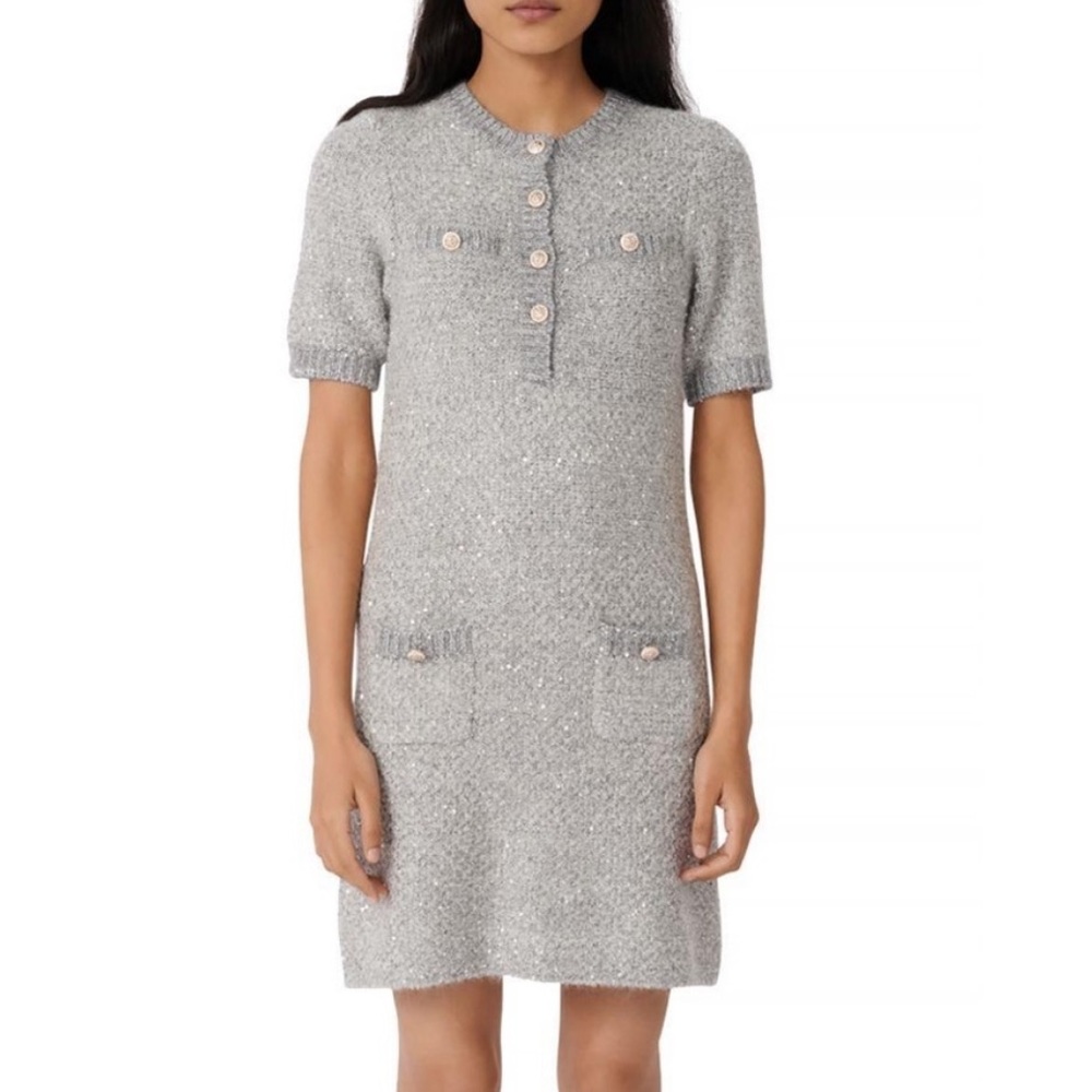 NWOT MAJE PARIS SILVER GRAY  TWEED MINI DRESS SIZE 40 LARGE